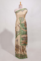 Beige colour semi tussar saree with contrast leaf  border and nature art pallu with contrast blouse