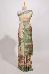 Beige colour semi tussar saree with contrast leafborder and nature art pallu with contrast blouse