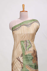Beige colour semi tussar saree with contrast leafborder and nature art pallu with contrast blouse