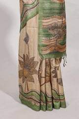 Beige colour semi tussar saree with contrast leafborder and nature art pallu with contrast blouse