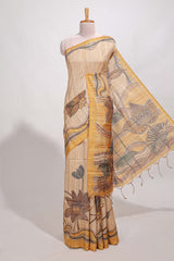 Cream colour semi tussar saree with contrast leafborder and nature art pallu with contrast blouse