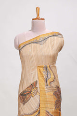 Cream colour semi tussar saree with contrast leafborder and nature art pallu with contrast blouse