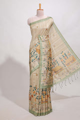 pastel green artistic village art tussar saree with small border and matching pallu