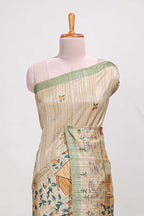 pastel green artistic village art tussar saree with small border and matching pallu