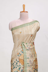 pastel green artistic village art tussar saree with small border and matching pallu