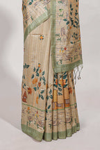 pastel green artistic village art tussar saree with small border and matching pallu