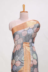 Grey geometrical tussar silk saree multi coloured honeycomb geomatricpatterns rich matching pallu along with tassles