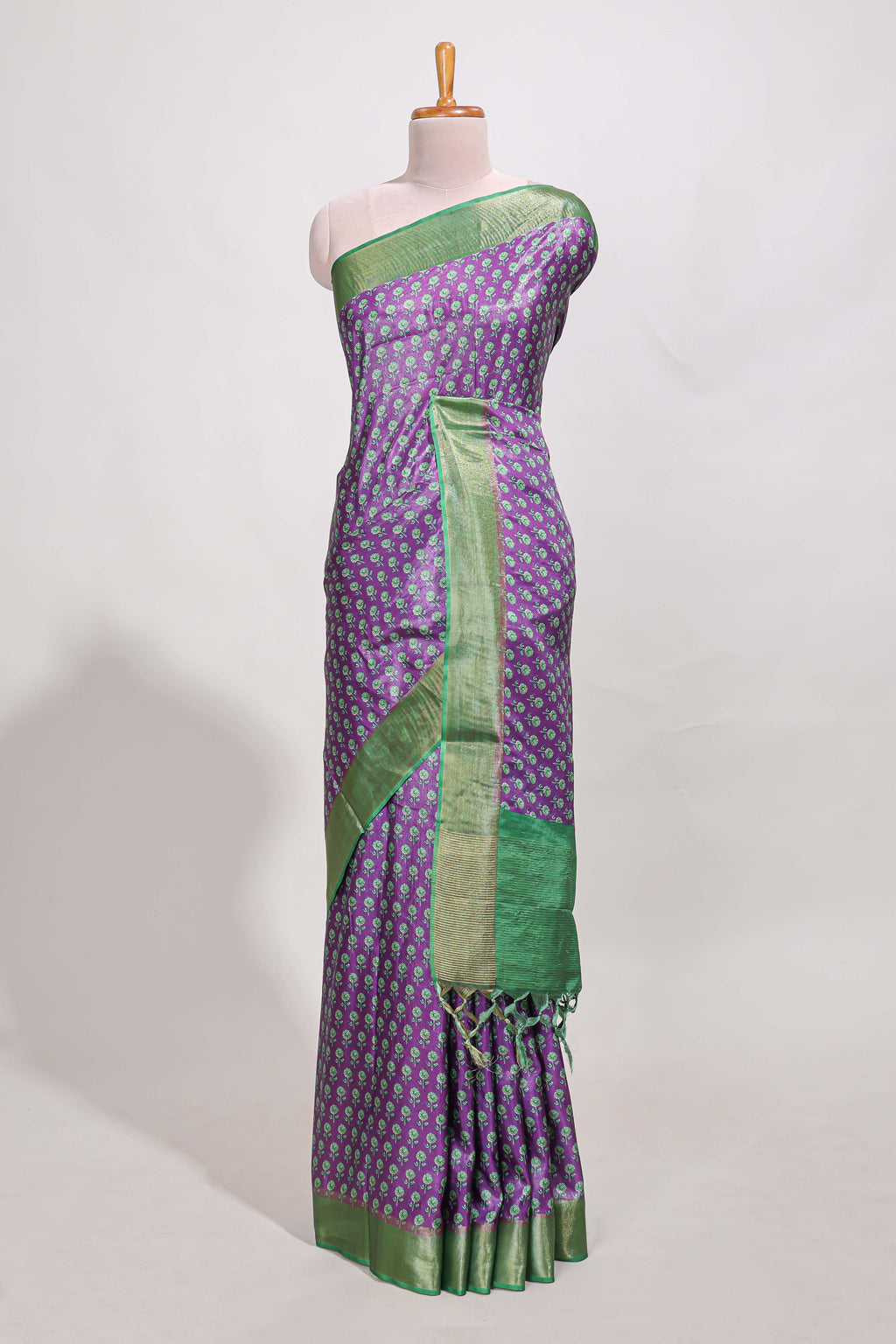 Violet semi tussar saree with contrast coper gold zari border and contrast blouse