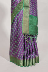Violet semi tussar saree with contrast coper gold zari border and contrast blouse