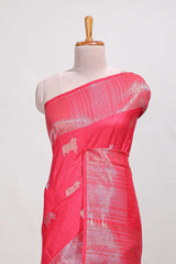 Bright pink semi tussar saree all over pichwai buttas and sliver zari pallu with self blouse