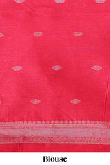 Bright pink semi tussar saree all over pichwai buttas and sliver zari pallu with self blouse