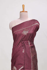 Dark maroon semi tussar saree all over pichwai buttas and sliver zari pallu with self blouse