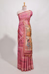 Magenta abstract print tussar saree with village and pichwai pallu and self print blouse along with tassels
