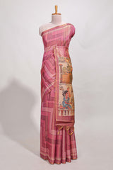 Magenta abstract print tussar saree with village and pichwai pallu and self print blouse along with tassels