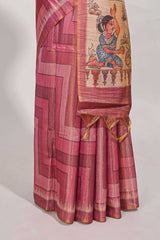 Magenta abstract print tussar saree with village and pichwai pallu and self print blouse along with tassels
