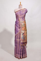 Violet abstract print tussar saree with village and pichwai pallu and self print blouse along with tassels