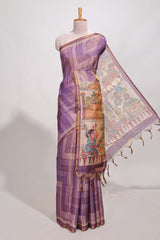 Violet abstract print tussar saree with village and pichwai pallu and self print blouse along with tassels