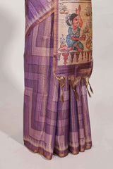 Violet abstract print tussar saree with village and pichwai pallu and self print blouse along with tassels