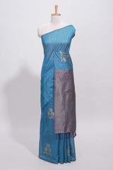 Borderless blue round butta art tussar saree with contrast pallu and blouse