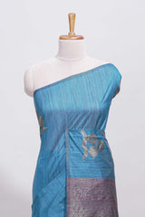 Borderless blue round butta art tussar saree with contrast pallu and blouse