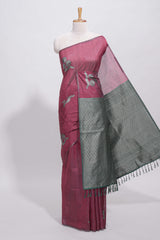 Borderless maroon round butta art tussar saree with contrast pallu and blouse
