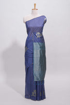 Borderless blue round butta art tussar saree with contrast pallu and blouse