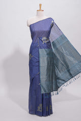 Borderless blue round butta art tussar saree with contrast pallu and blouse
