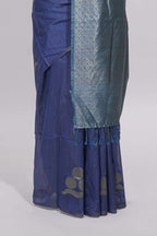 Borderless blue round butta art tussar saree with contrast pallu and blouse