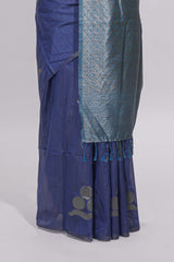 Borderless blue round butta art tussar saree with contrast pallu and blouse