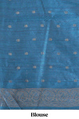 Borderless blue round butta art tussar saree with contrast pallu and blouse