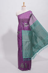 Borderless purple round butta art tussar saree with contrast pallu and blouse