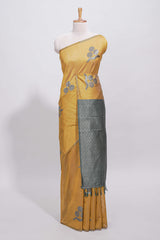 Borderless yellow round butta art tussar saree with contrast pallu and blouse