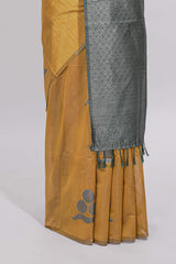 Borderless yellow round butta art tussar saree with contrast pallu and blouse
