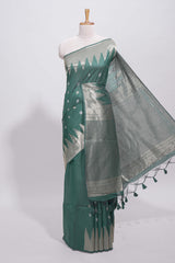 Green ikkat style silver zari butta art tussar saree with self zari temple design border and matching blouse