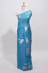 Borderless blue cow design silver zari butta art tussar saree with matching blouse