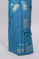 Borderless blue cow design silver zari butta art tussar saree with matching blouse