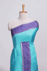 Aqua blue tussar saree with woven checks by rich purple border and matching zari woven palluwith matching blouse piece