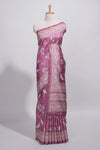 Dusty rose pink tussar saree with silver floral and bird motifs by fine metallic stripes and printed border and pallu with tassels with matching blouse piece
