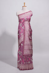 Dusty rose pink tussar saree with silver floral and bird motifs by fine metallic stripes and printed border and pallu with tassels with matching blouse piece