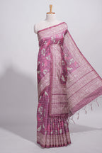 Dusty rose pink tussar saree with silver floral and bird motifs by fine metallic stripes and printed border and pallu with tassels with matching blouse piece
