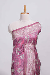 Dusty rose pink tussar saree with silver floral and bird motifs by fine metallic stripes and printed border and pallu with tassels with matching blouse piece