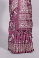 Dusty rose pink tussar saree with silver floral and bird motifs by fine metallic stripes and printed border and pallu with tassels with matching blouse piece