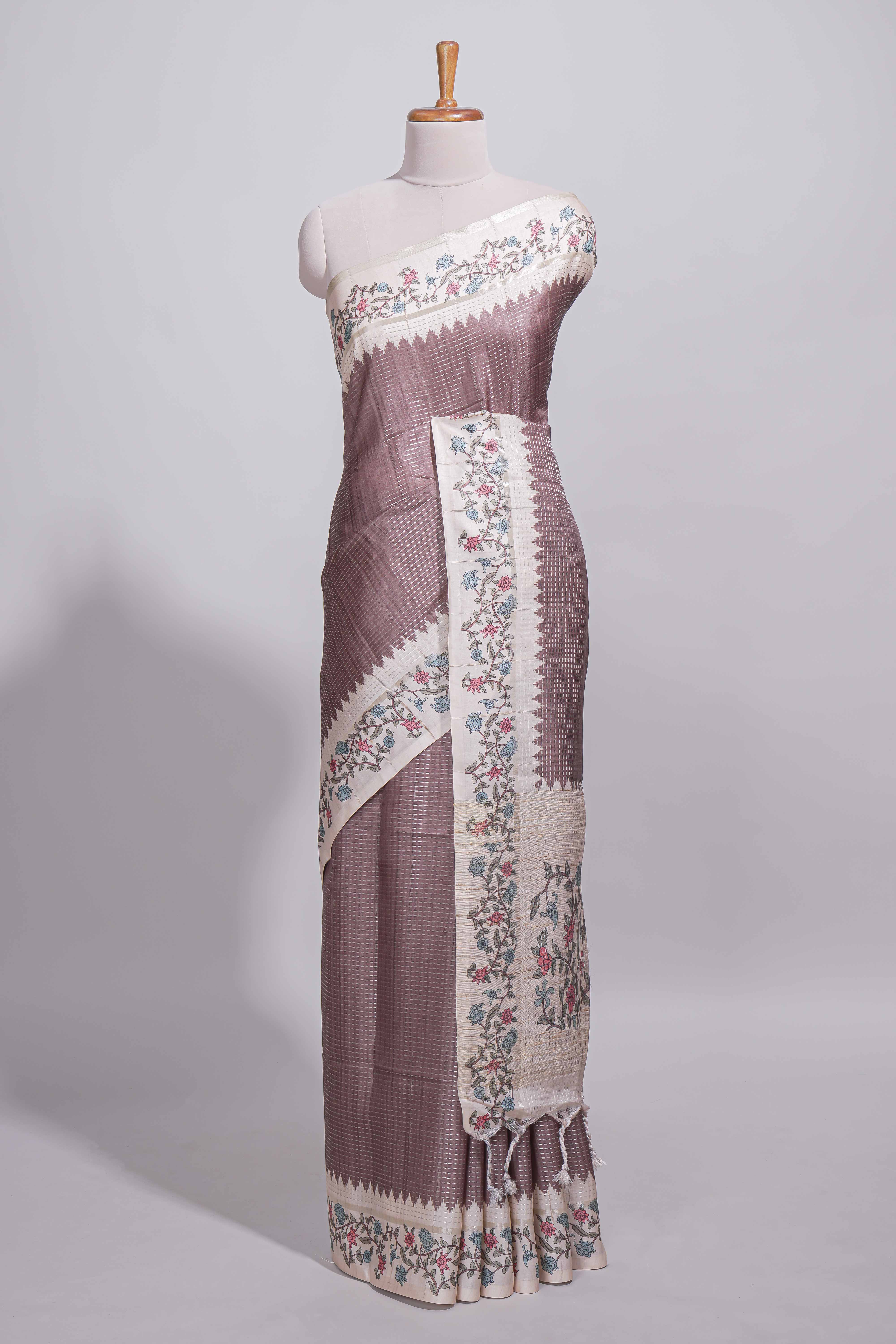Dusty mauve tussar saree with woven checksfloral printed border andfloral printed palluwith blouse piece