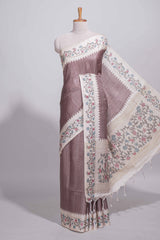 Dusty mauve tussar saree with woven checksfloral printed border andfloral printed palluwith blouse piece