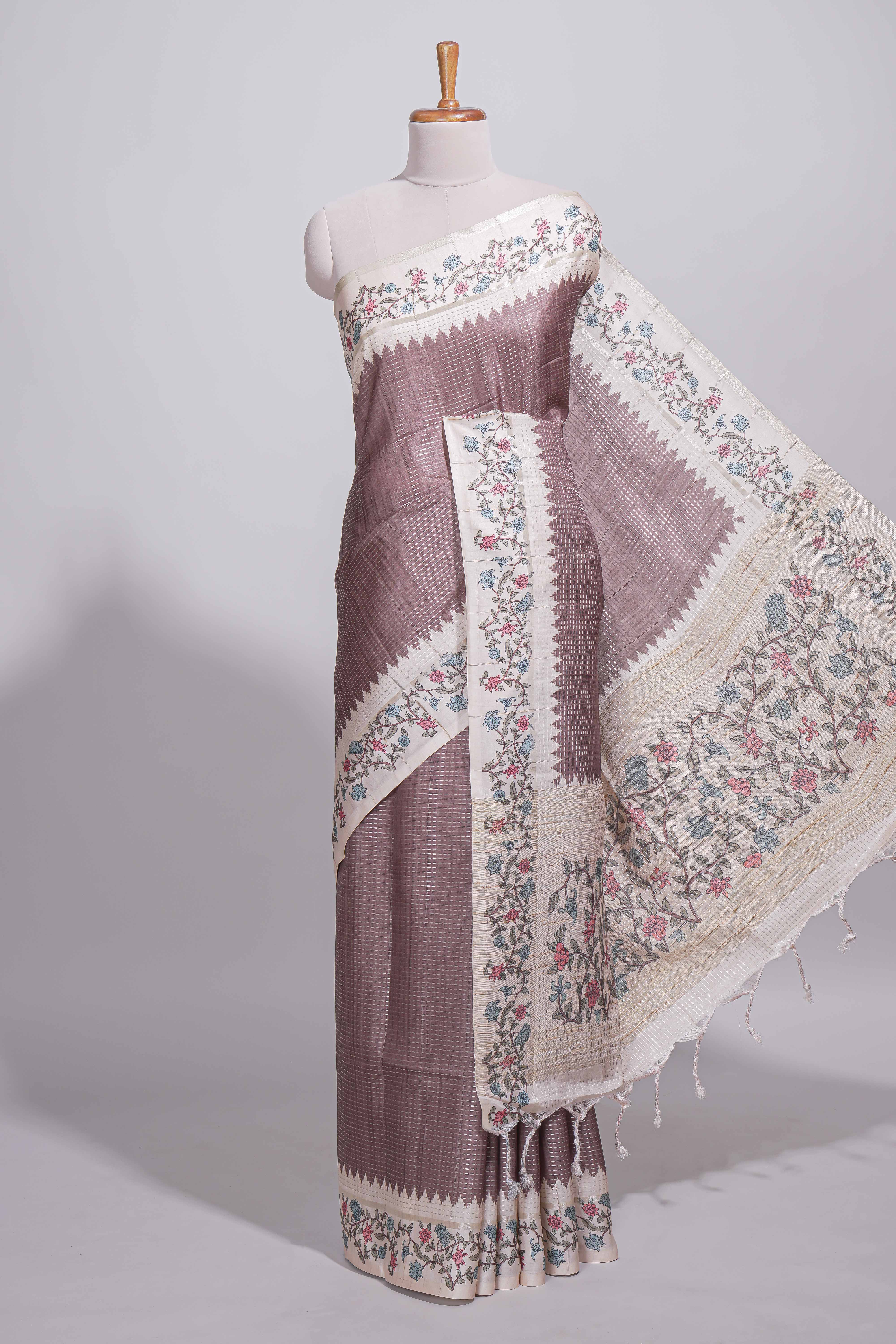 Dusty mauve tussar saree with woven checksfloral printed border andfloral printed palluwith blouse piece