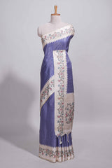 Royal blue tussar saree with woven checksfloral printed border andfloral printed palluwith blouse piece