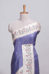 Royal blue tussar saree with woven checksfloral printed border andfloral printed palluwith blouse piece