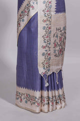 Royal blue tussar saree with woven checksfloral printed border andfloral printed palluwith blouse piece