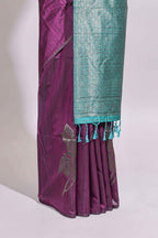 Borderless floral design purple art tussar saree with contrast pallu and silver motifs blouse