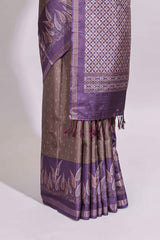 Dark beige geometric motifs art tussar saree with contrast border and striped blouse
